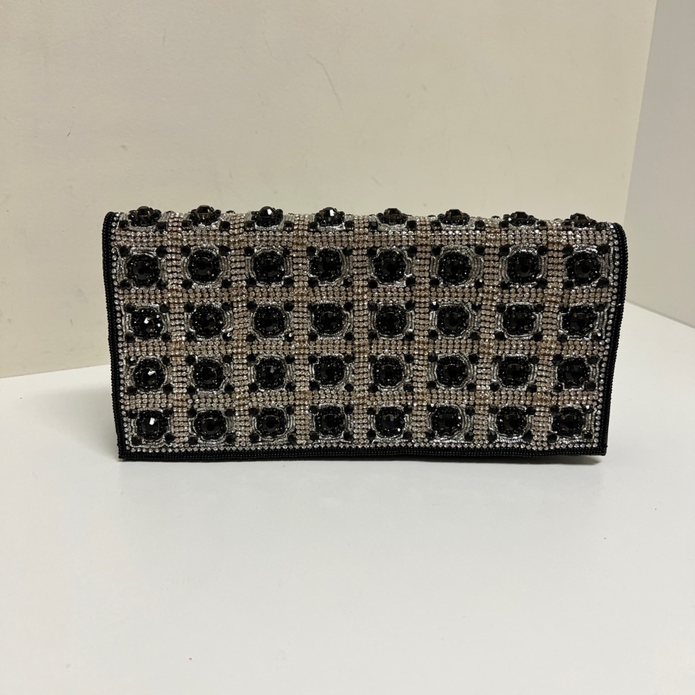 Stuart Weitzman luxury designer beaded formal clutch black and silver used once